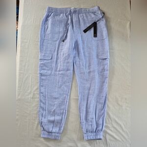 NWT Nicole Miller Light Blue Washable Linen Cargo Jogger Pants Size XL Pockets